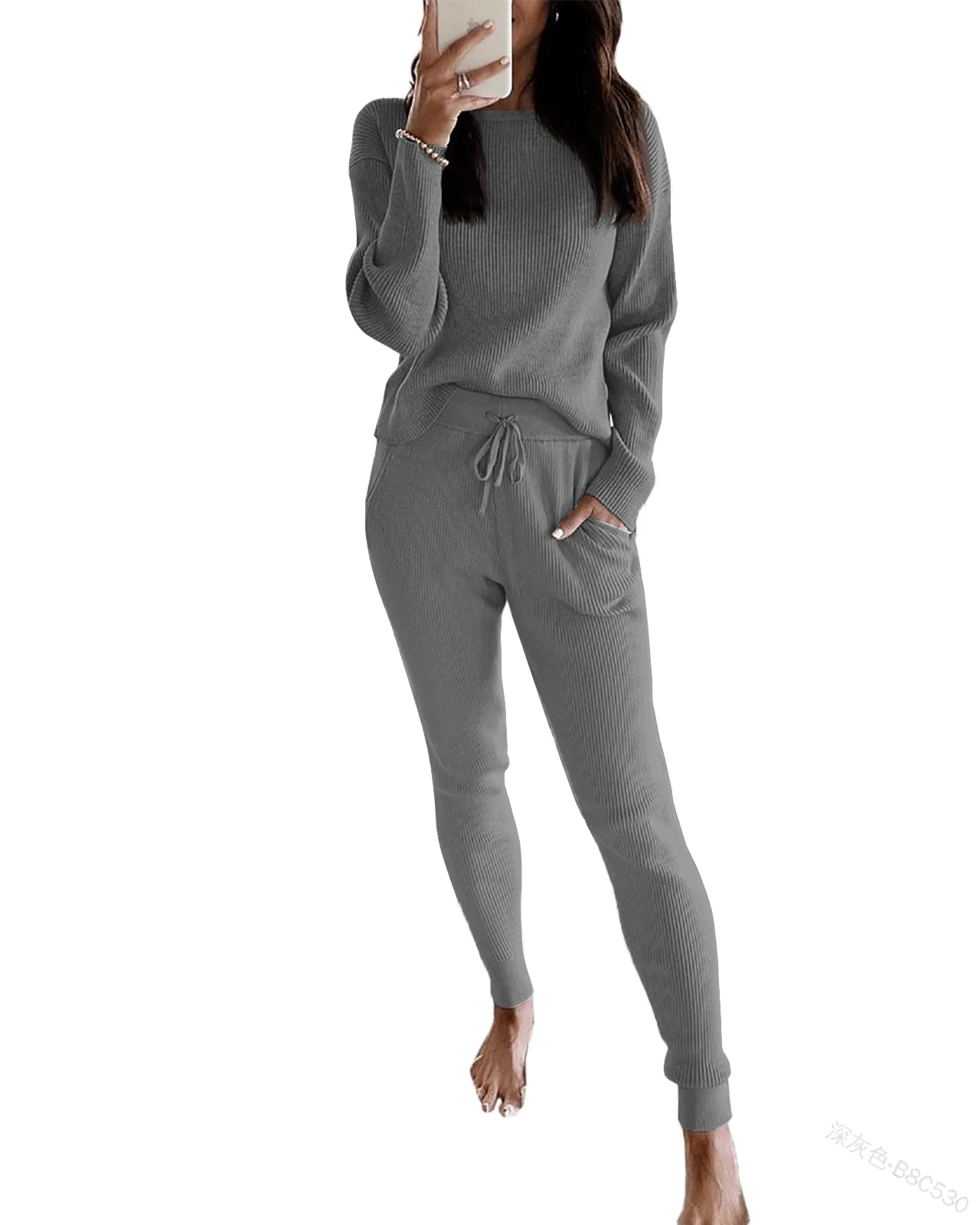 Women\'s Fall Rib Knit 2 Piece Sets Tops Trousers Outfit Long Sleeve Pullover Sweater Top and Drawstring Long Pants With Pockets