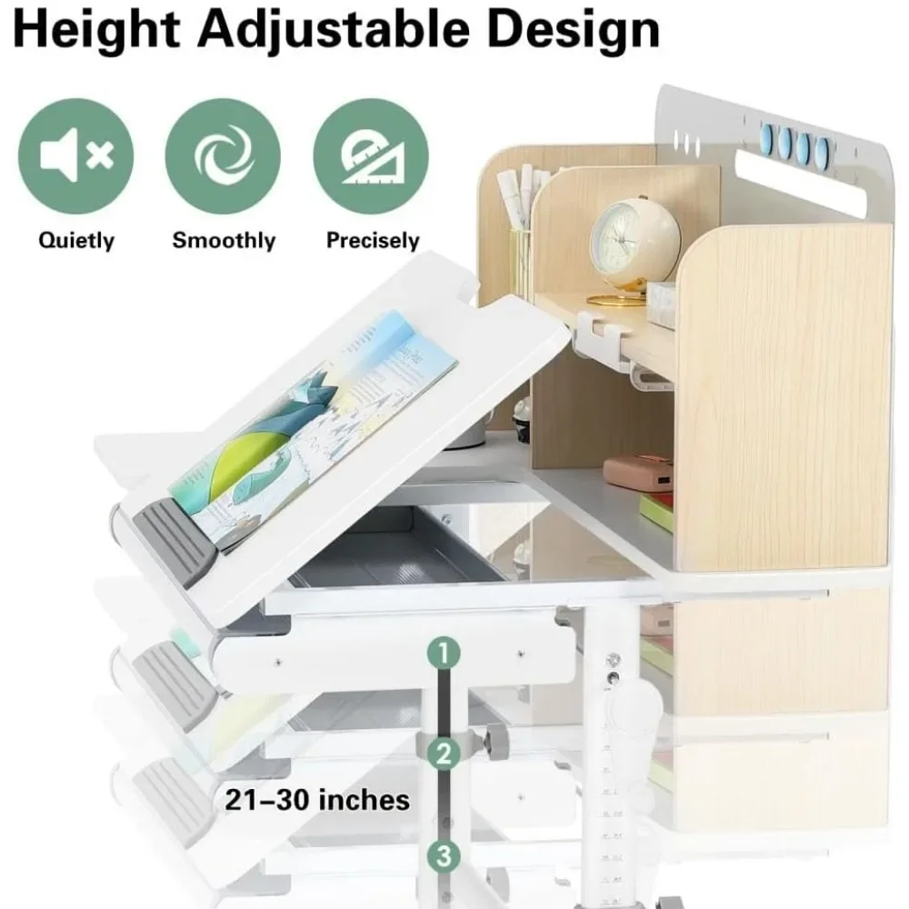 Bureau large et réglable avec cadre en acier pour enfants, table d'étude pour enfants, plafonnier inclinable, bibliothèque, recommandé, 39 po