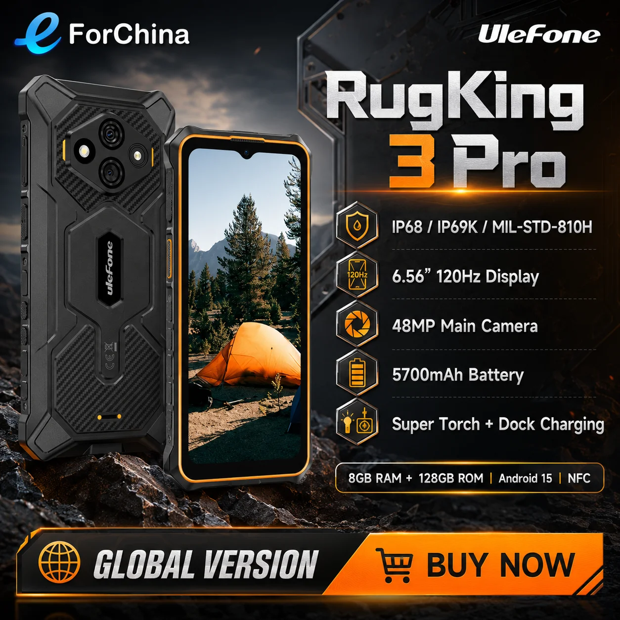 Ulefone RugKing 3 Pro Rugged Smartphone Android 15 NFC 8GB+128GB 6.56" 120Hz Display 5700mAh Battery 48MP Camera 4G NFC Global