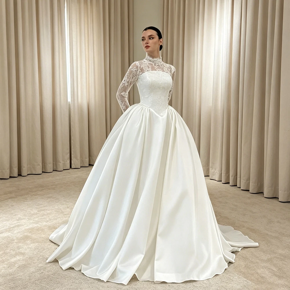 High Neck Long Sleeve Wedding Dresses Lace Satin Ball Gown  Luxury Lace Bodice Court Train Modest Church Bridal Gown Customized