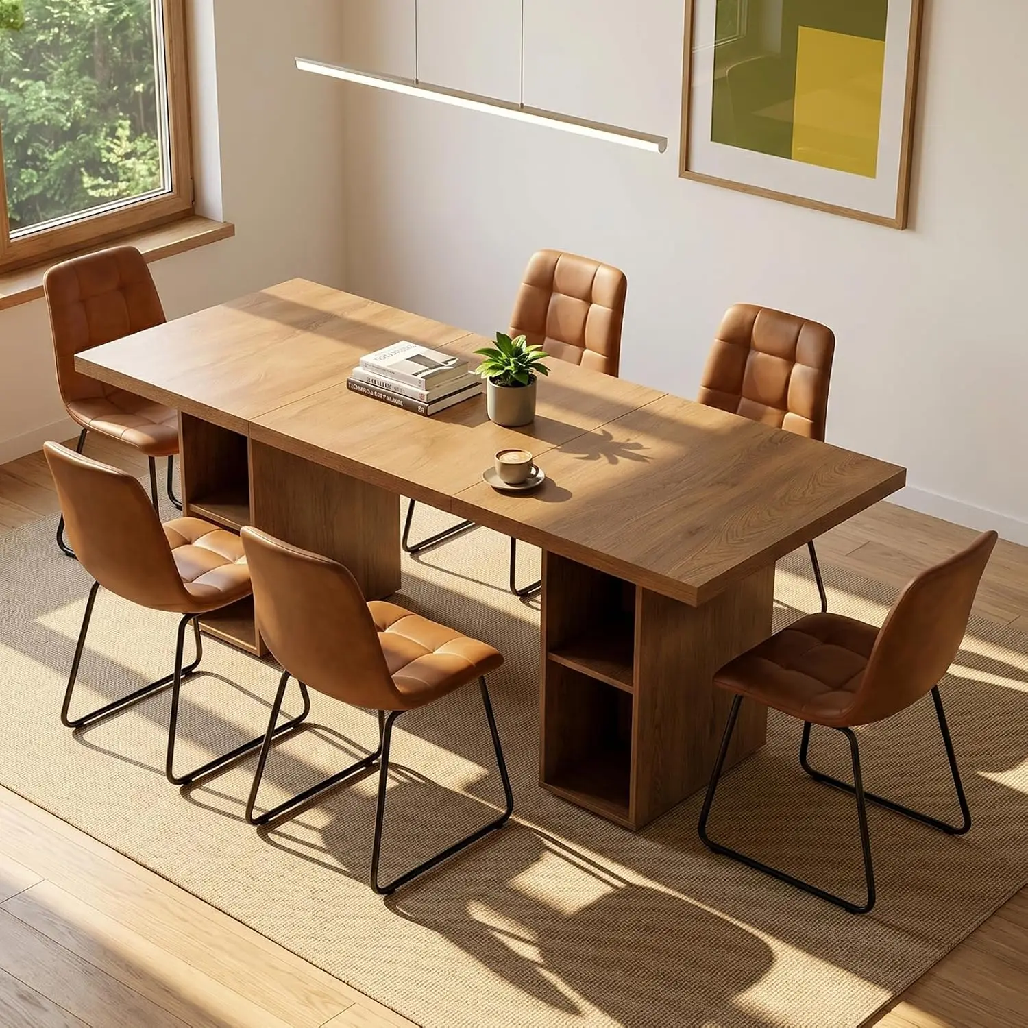 70.8 Inch Wooden Dining Table Set with 6 PU Leather Chairs & Storage Shelves, Nordic Kitchen Furniture 4-6 People, Customized