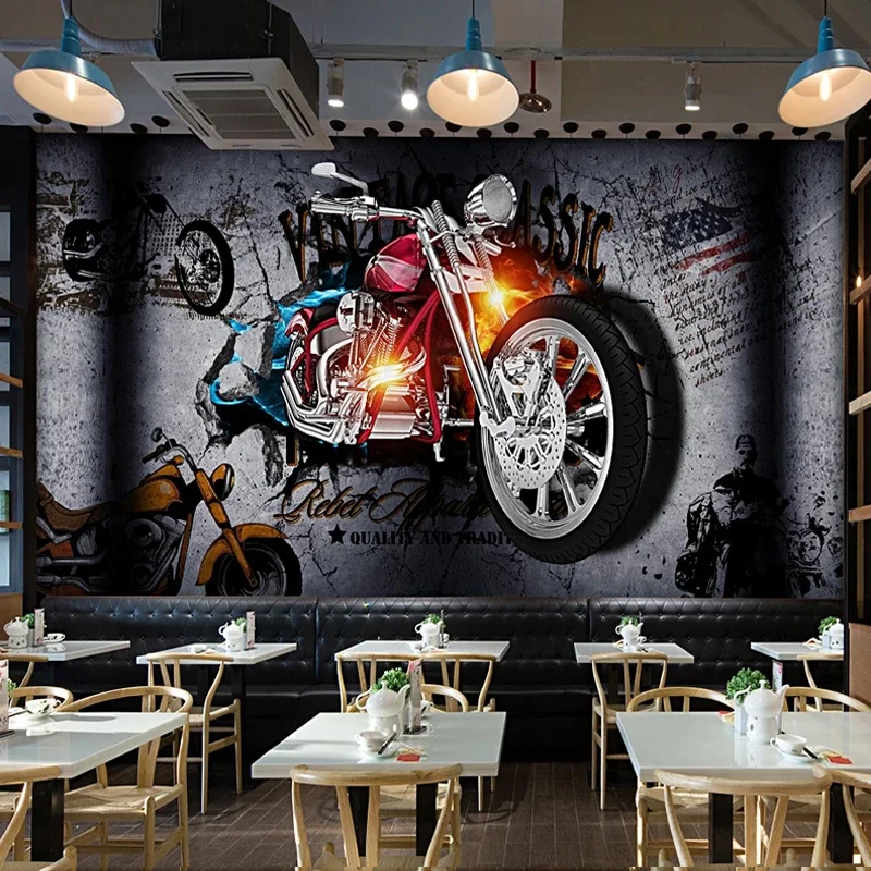 Nach 3D Papel De Parede Wand Wandmalereien Tapete Motorrad Gebrochen Persönlichkeit Retro Bar KTV Restaurant Foto Poster Home Décor