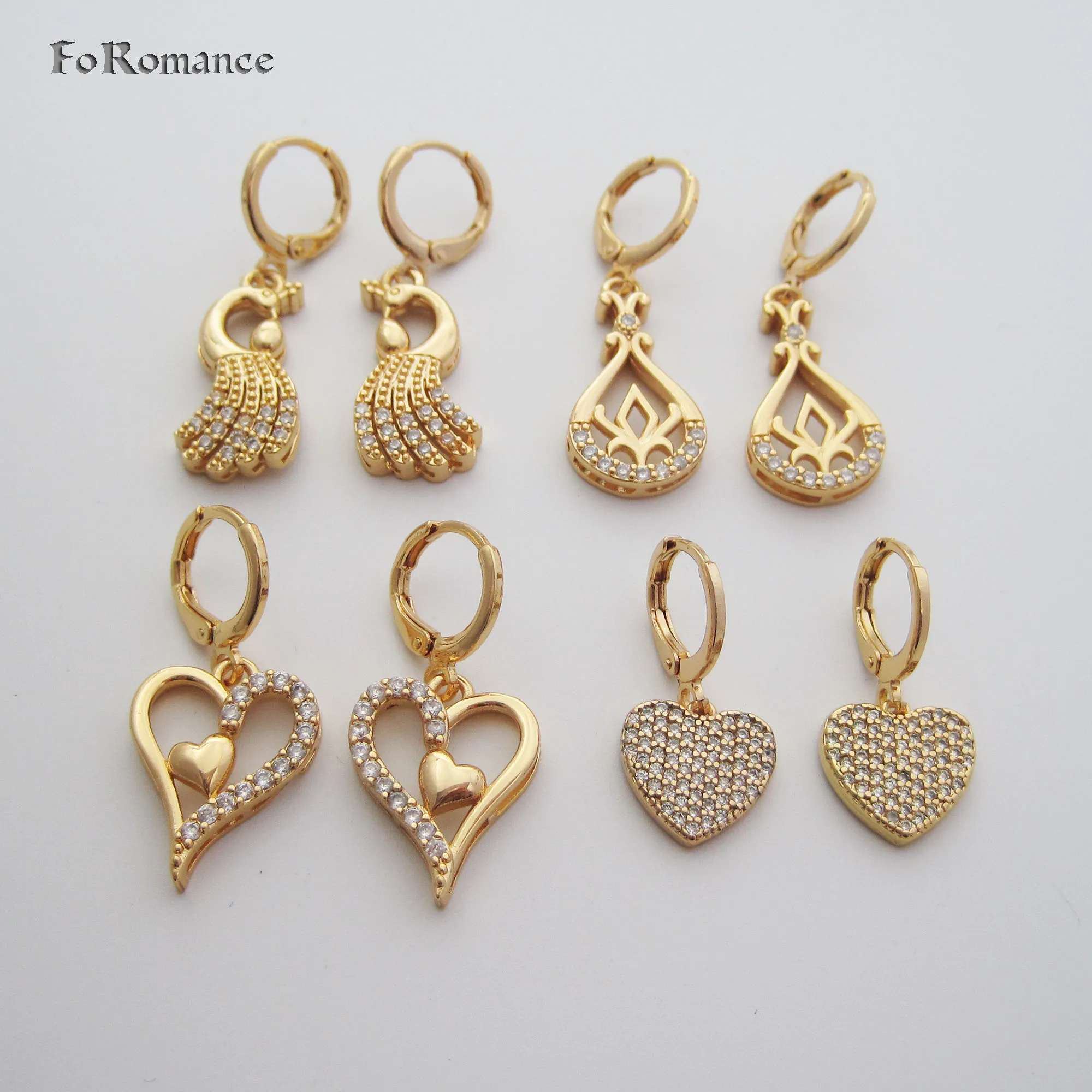 4 STYLES DANGLE YELLOW GOLD COLOR SHINING ZIRCON STONES HEART CHARM DANGLER EARRING GREAT GIFT