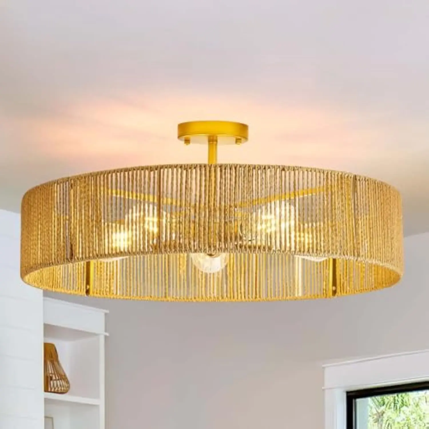 

Boho Light Fixtures Ceiling - 24 Large Brass Gold Farmhouse Rattan Lamp, 5-Light Boho Flush Mount Ceiling Light with Hand-Woven