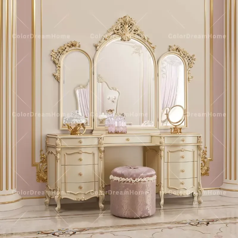 Luxury Gold Antique Dresser Set Makeup Vanity Table With Mirror Bedroom Furniture