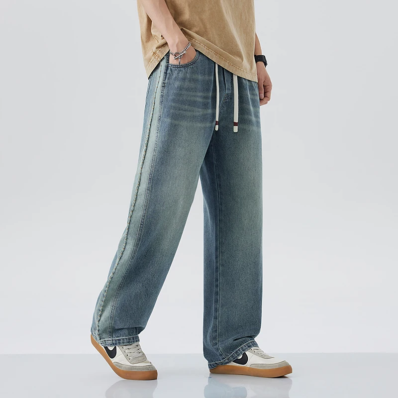

2025 Spring/Summer New High Quality Comfortable Soft Jeans Men's Elastic Waist Denim Pants Korean Loose Straight Tube Blue Casua