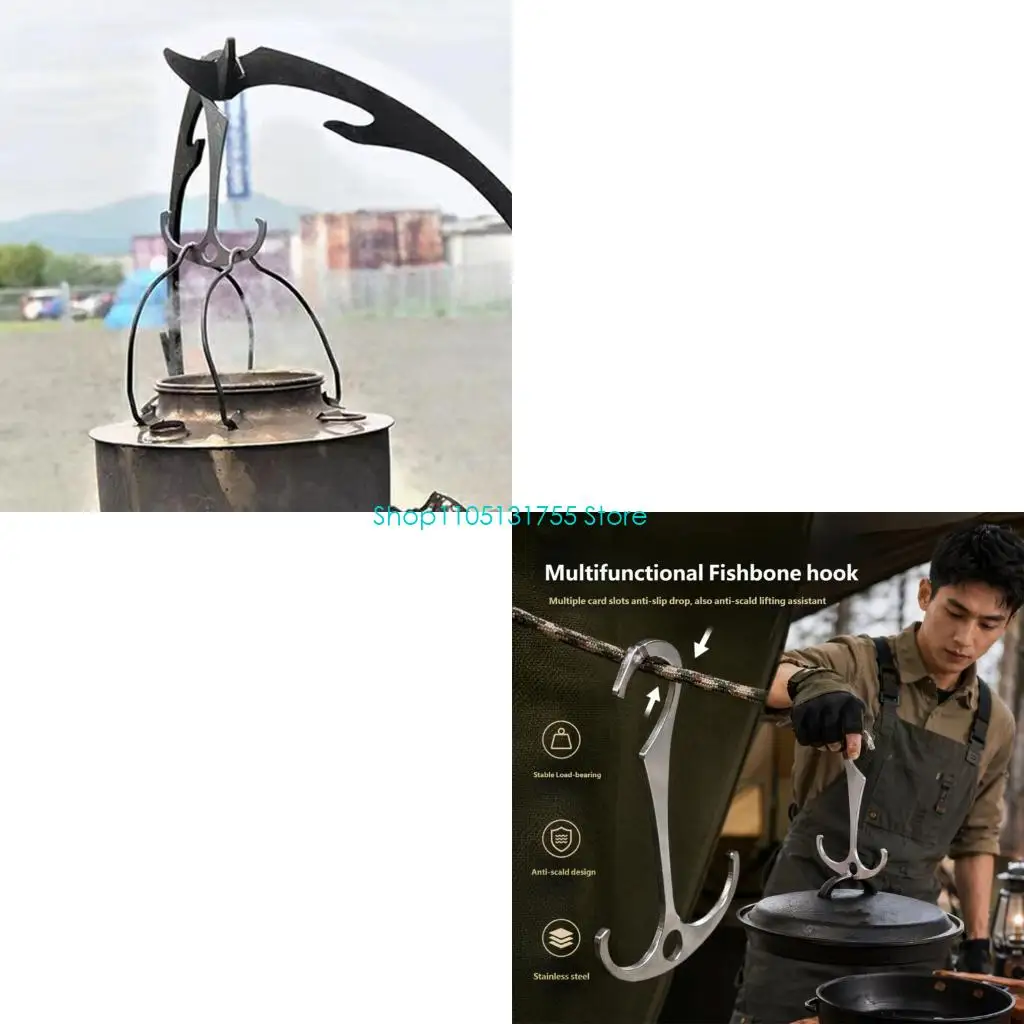 K0EF Tent Cord Utility Hook Metal Camp Accessory with Middle Hole for Small Cookware, Bagged Items, and Daily Cooking Area