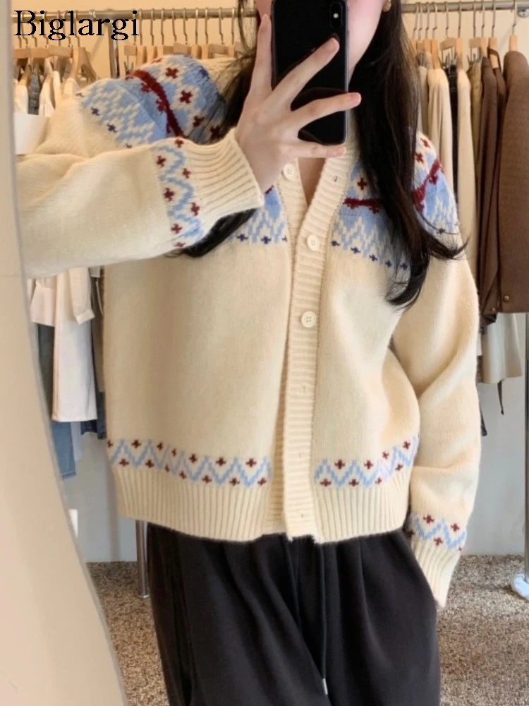 Knitted Autumn V-Neck Cardigan Women Geometric Print Fashion Casual Ladies Cropped Cardigans Korean Loose Woman Sweater Coats