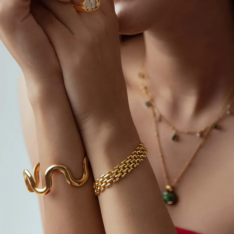 سوار كفة للنساء على شكل موجة ، طقم مجوهرات من الفولاذ المقاوم للصدأ ، مقاوم للماء ، لون ذهبي ، إكسسوارات شاطئ ، عطلة ، جديدة #2