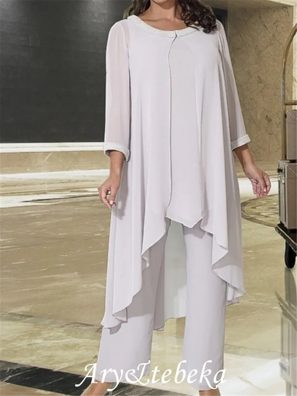 

Pantsuit / Jumpsuit Mother of the Bride Dress Elegant Jewel Neck Floor Length Chiffon 3/4 Length Sleeve with Pleats