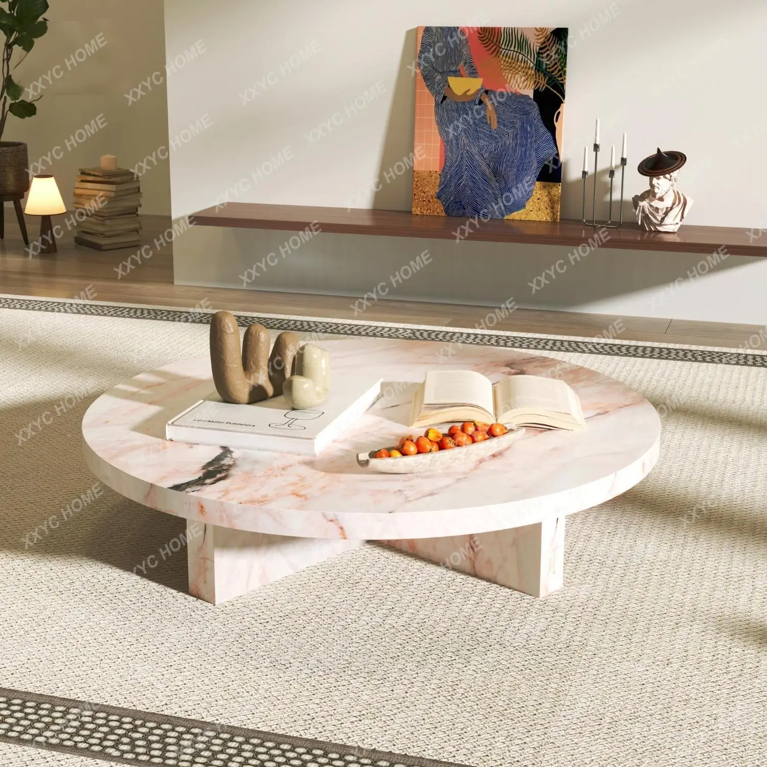 

EEX "Pink Jade Round Coffee Table - Luxury Marble Slate Side Table For Spacious Living Room, High-End Stone Tea Table"