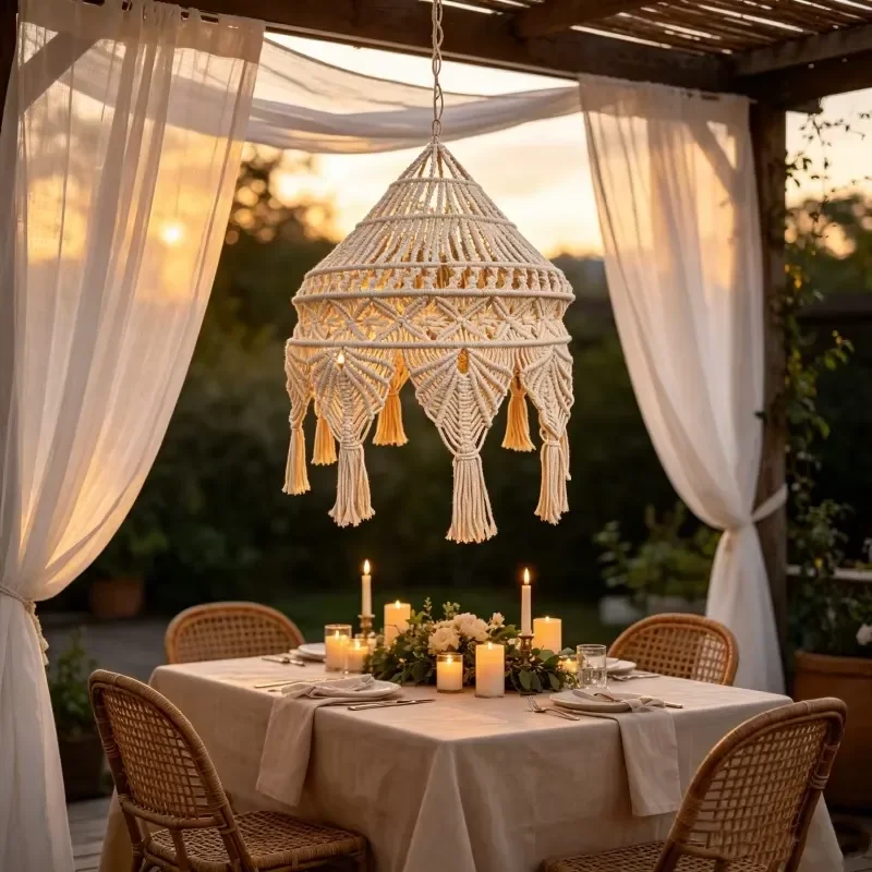 Boho Style Macrame Hanging Lamp Shade Boho Tassel Pendant Cover Woven for Living Room Home Decor