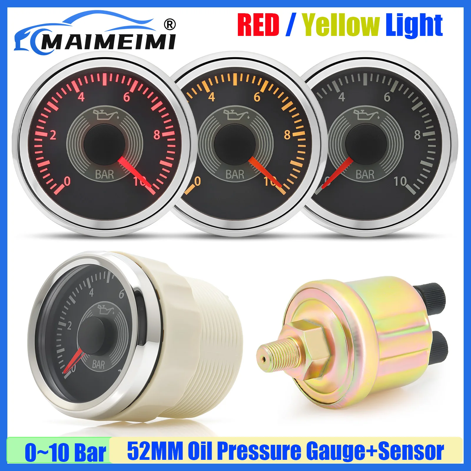 

Датчик давления масла MAIMEIMI Retro 2" (52 мм) с красной/желтой подсветкой 10 мм, 0-10 бар, для автомобилей, лодок, яхт, 12В/24В