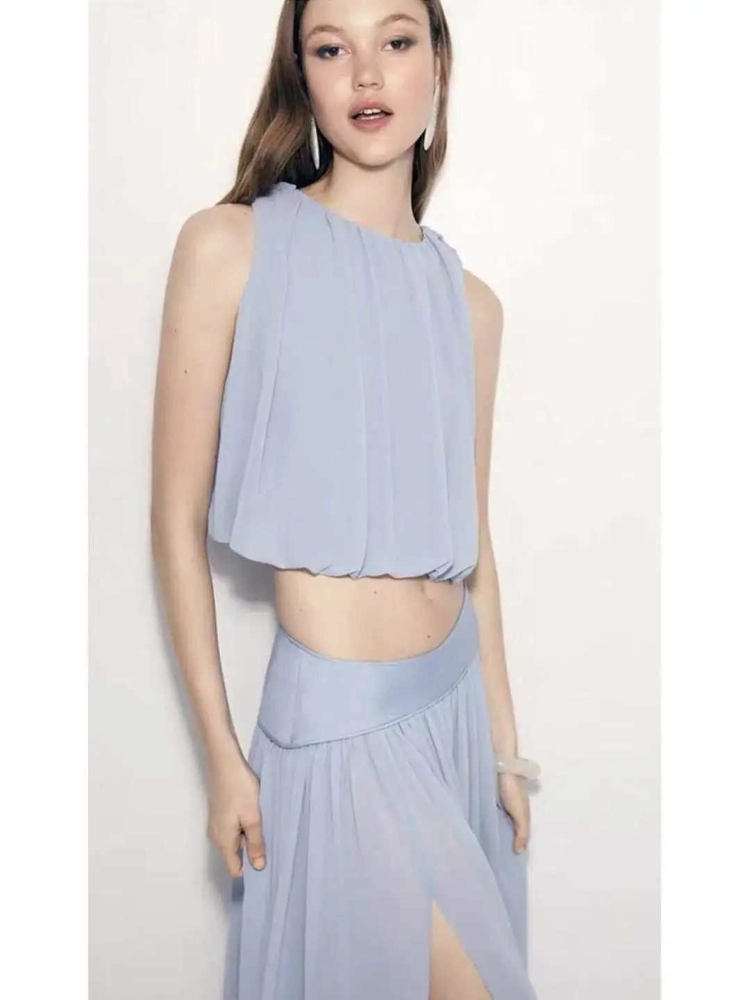 Romantic Style Asymmetrical Slit Skirt And Bubble Top Women's Fashion Summer Outfit Polyester Fiber Office Wear Ensemble