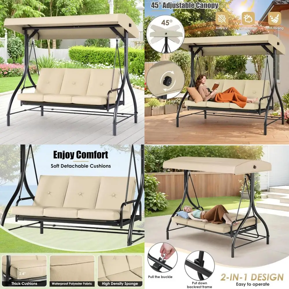 

Трехместные качели для улицы на крыльце с регулируемым навесом и спинкой, трансформируемая кровать для взрослых, кресло-качалка для патио, идеально подходящее для отдыха