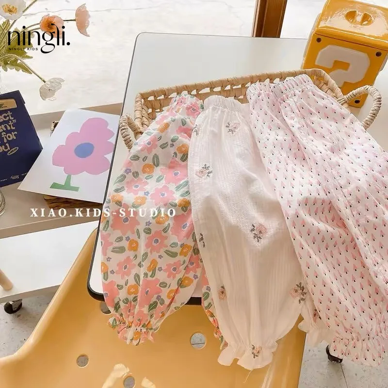 Summer New Girl Thin Type Printed Anti Mosquito Pants Baby Girl Closed Bloomers Casual Trousers Air Conditioning Pants