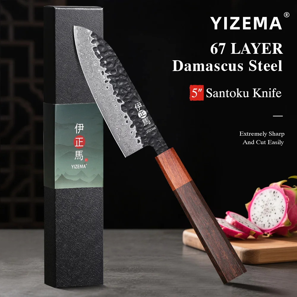 YIZEMA 5-inch Damascus Steel Santoku Knife Professional Chef Knives Sharp Japanese Handmade Kitchen Utility Paring Cooking Tools