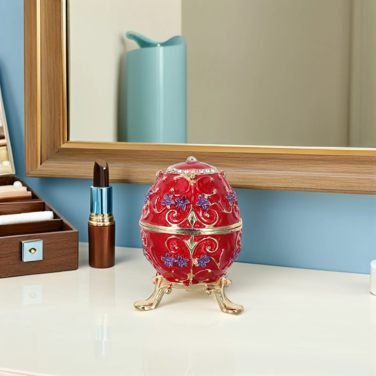 Vintage Russian Egg Jewelry Box Hand Painted Enamel Hinged Metal Trinket Box Mini Jewelry Organizer Small Ring Holder