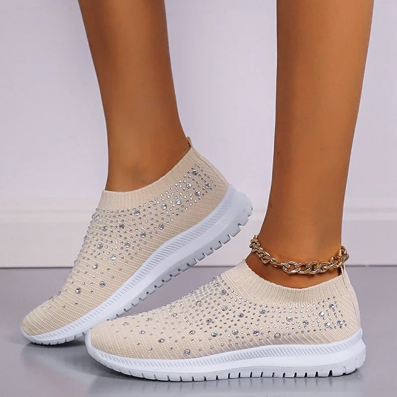 Shining Crystal Knitted Sneakers for Women Plus Size 43 Breathable Mesh Casual Flats Woman 2025 Soft Sole Walking Sports Shoes