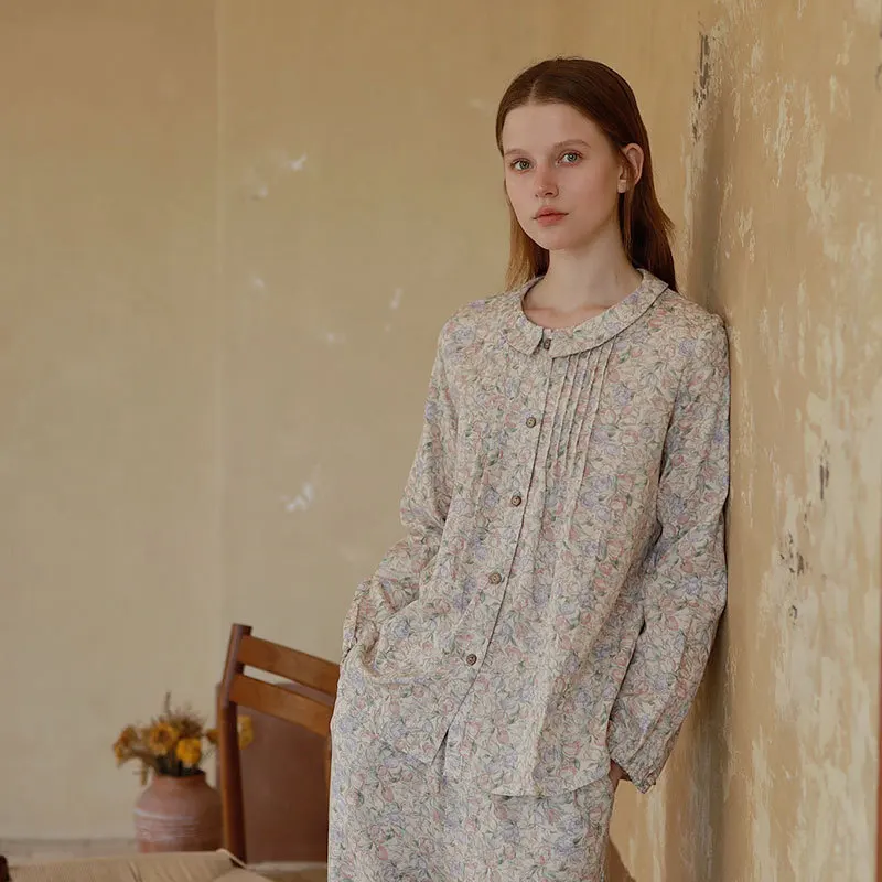 

Пижамный комплект из 100% хлопка с двойной марлей | Элегантная женская одежда для сна с лацканами и принтом солнечного луча, осенняя мягкая дышащая одежда для дома