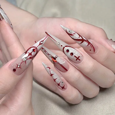 Halloween wear armor white gradual change lace and gothic print removable 24 fake nails