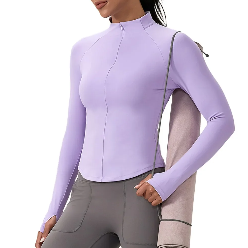 

Женская одежда для йоги на молнии с длинными рукавами и воротником-стойкой, дышащий быстросохнущий топ телесного цвета, одежда для бега, фитнеса, верхняя одежда