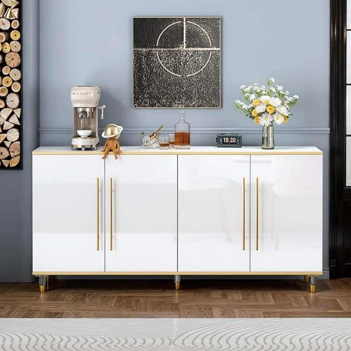 63" Buffet Cabinet w/ Storage, High Glossy Sideboard Cabinet with Adjustable Shelves & Doors,Storage Console Table, White ＆ Gold