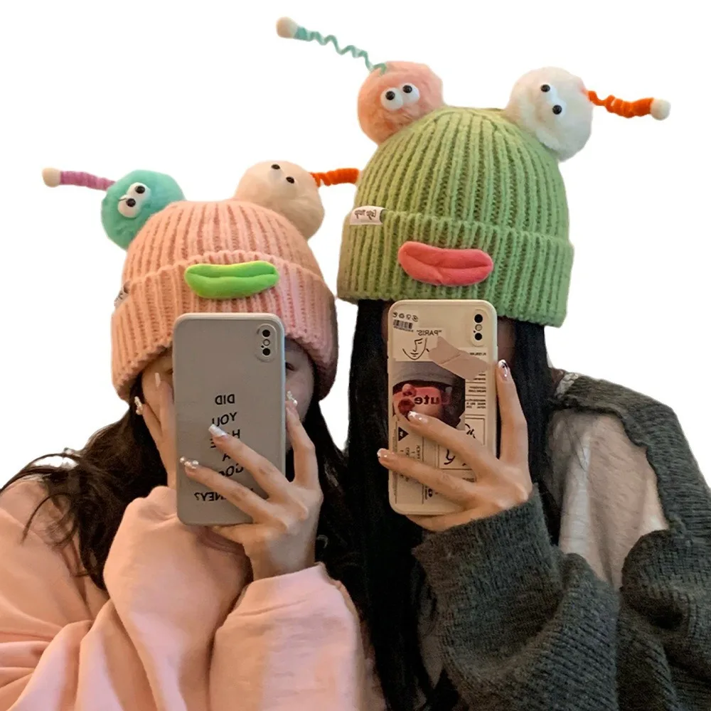 Funny Stupid Cute Beanie For Women Winter Kpop 3D Month Full Lips Warm Knitted Hat Fashion Student Skullies Cap Streetwear