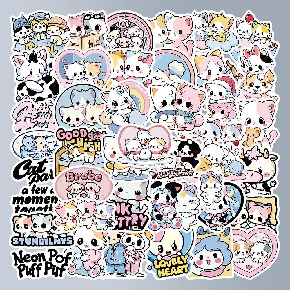54pcs Cute Kawaii Cartoon Cat Kitten Stickers Pack Pastel Aesthetic Decals for Laptop Water Bottle Phone Case Decor