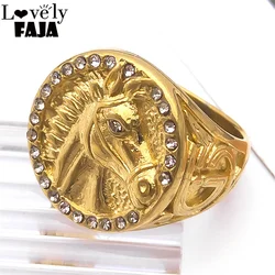 Hip Hop Punk Horse Head Ring for Women Men Stainless Steel Shiny Rhinestone Gold Color Horsehead Finger Rings Jewelry RRR541S03