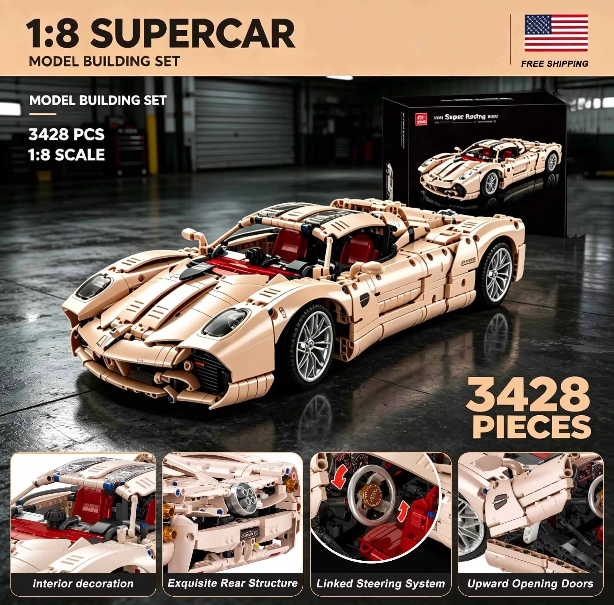 1:8 Technical Utopia Supercar Building Blocks, 3428PCS Sports Car Model Scissor Doors Bricks Set, Collectible Puzzle Adult Gift