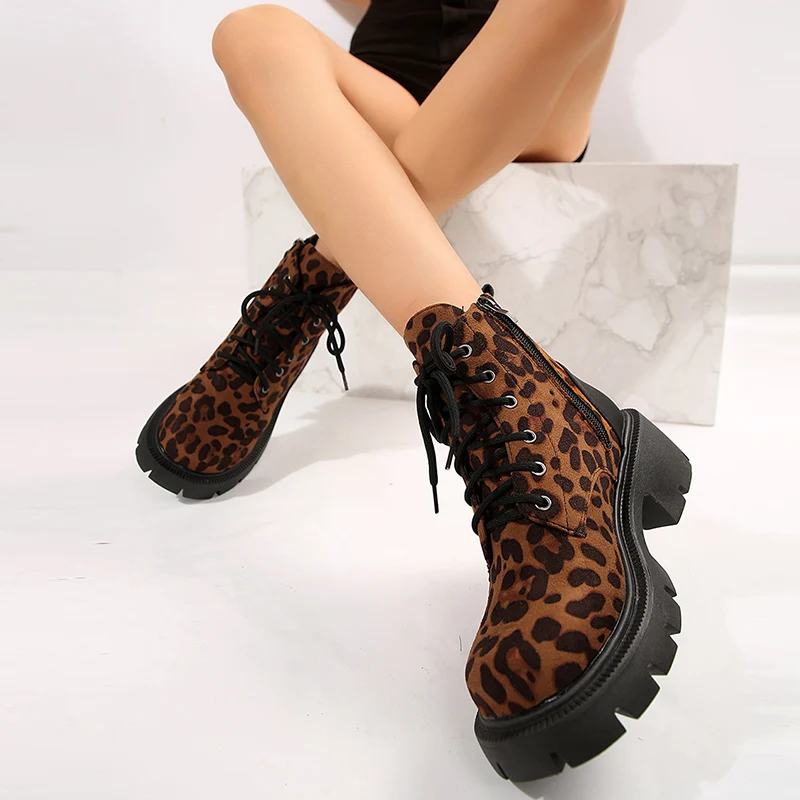 Fashion Leopard Print Chunky Platform Ankle Boots Women 2024 Autumn Thick Heels Short Boots Woman Plus Size 43 Side Zip Booties