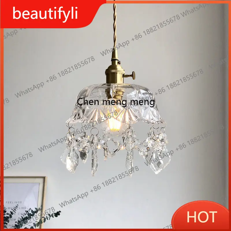D80 American retro brass bar dining room bedroom bedside lamp French petal glass single head chandelier