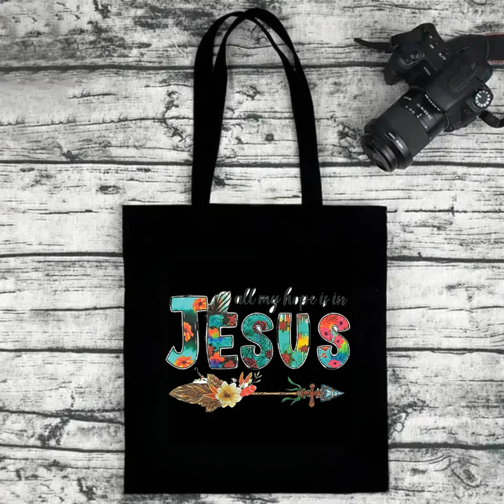 

Religious Belief Jesus Tote Bag Large Capacity Canvas Shoulder Bag Handbag Floral Feather Cross Print for Women Casual Commuter