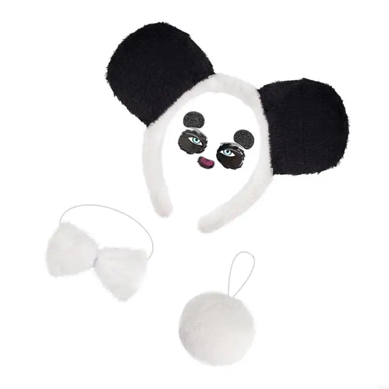 Y88A 팬더 의상 세트 귀 머리띠 테일 보우 티 동물 의상 키트 액세서리 어린이 할로윈 코스프레 파티 소품
