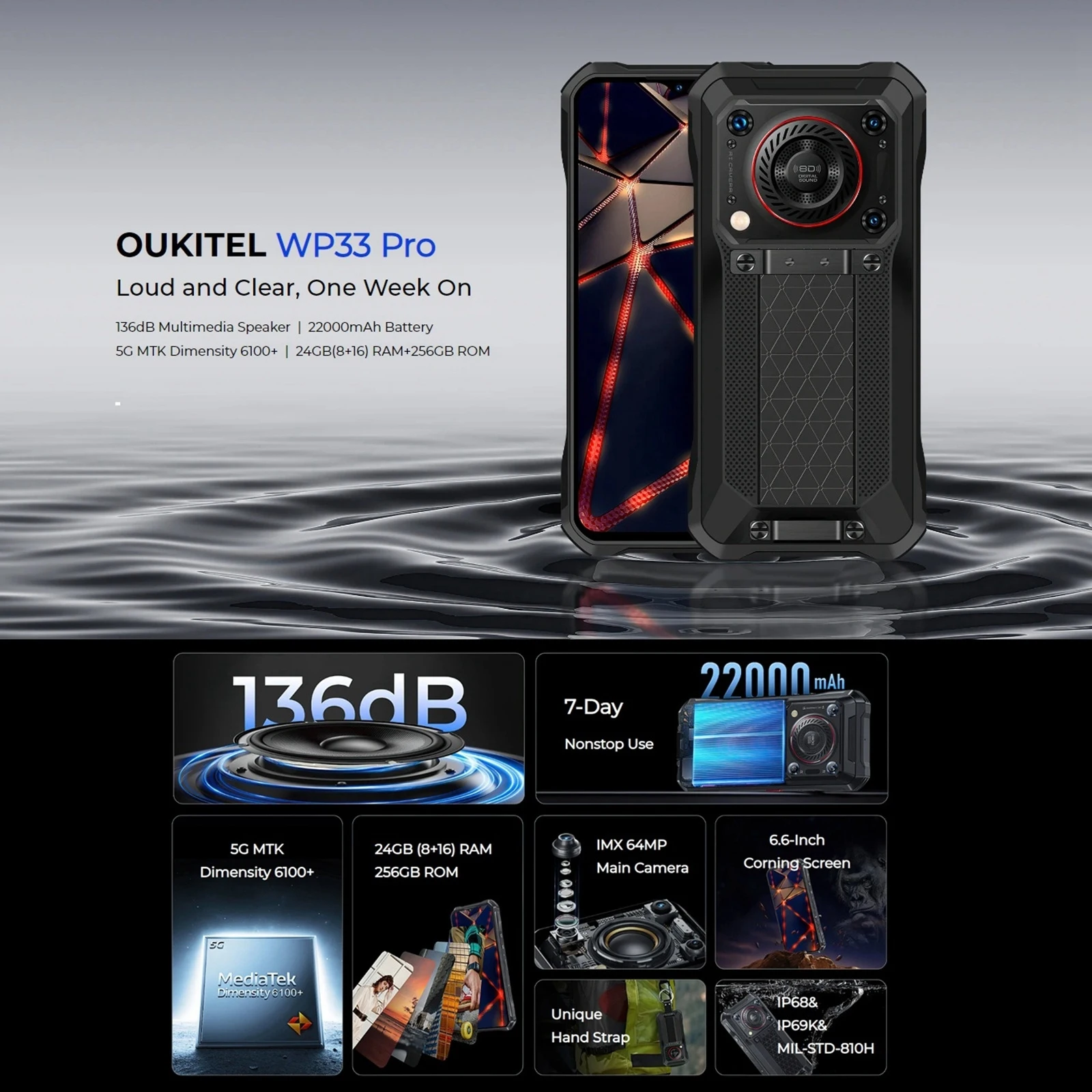 Oukitel WP33 프로 견고한 스마트폰, 6.6 인치 FHD + 디스플레이, 안드로이드 13 휴대폰, 24GB, 256GB, 22000mAh 배터리, 64MP 카메라, 33W 모바일, 5G