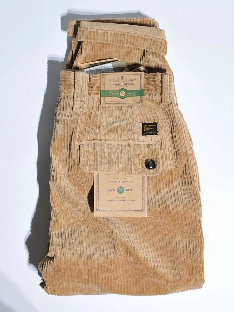 

Retro American Waed Corduroy Work Pants Casual Loose Tapered Straight Leg Multifunctional Khaki Leisure Workwear Trousers