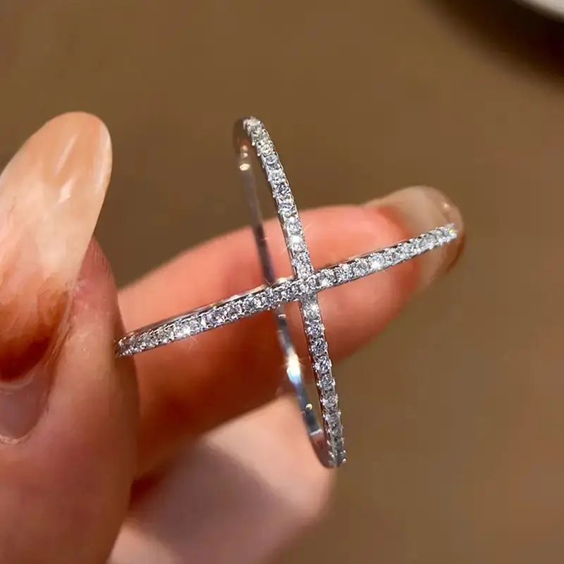 925 Sterling Silver Modern Stylish Cross Rings for Women Elegant Shiny Cubic Zirconia Finger Accessories Bright Party Jewelry