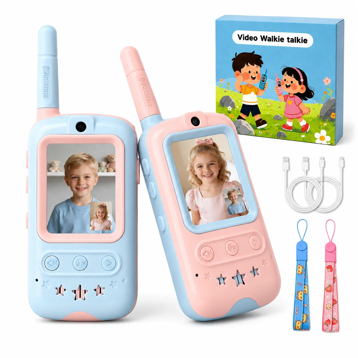 子供用ビデオウォーキートーキー2個セット、画面付き、4つの楽しい音声効果、長距離ビデオ通話、男の子と女の子向けのおもちゃギフト、3歳から12歳向け