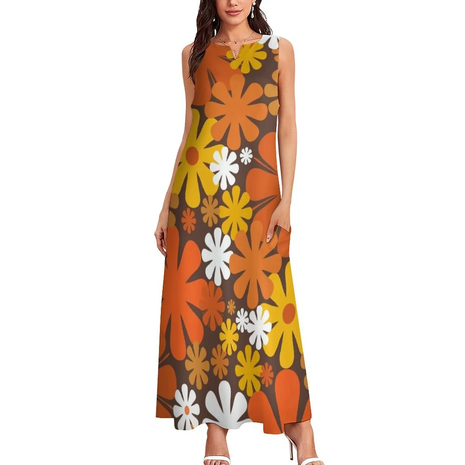 Retro 60s 70s Aesthetic Floral Pattern in 1970s Brown Orange Yellow White Long Dress Dress for pregnant women dress