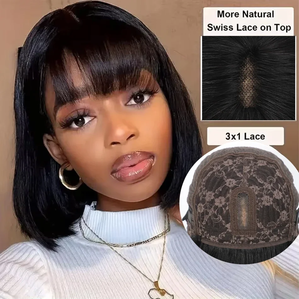 3x1 Lace Front Wigs 30 Inch Straight Human Hair Wigs with Bangs High Density Glueless Machine Made Brazilian Hair Wigs Choice