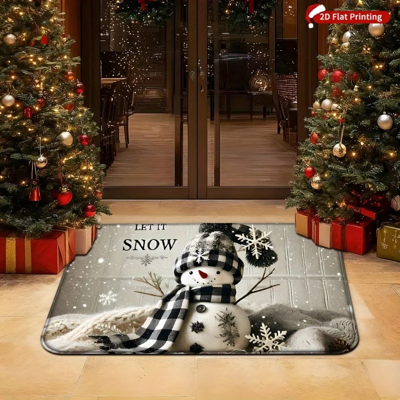 Plaid Snowman Christmas Doormat, Let It Snow Winter Snowflake Printed Floor Mat, Front Door Holiday Home Decor