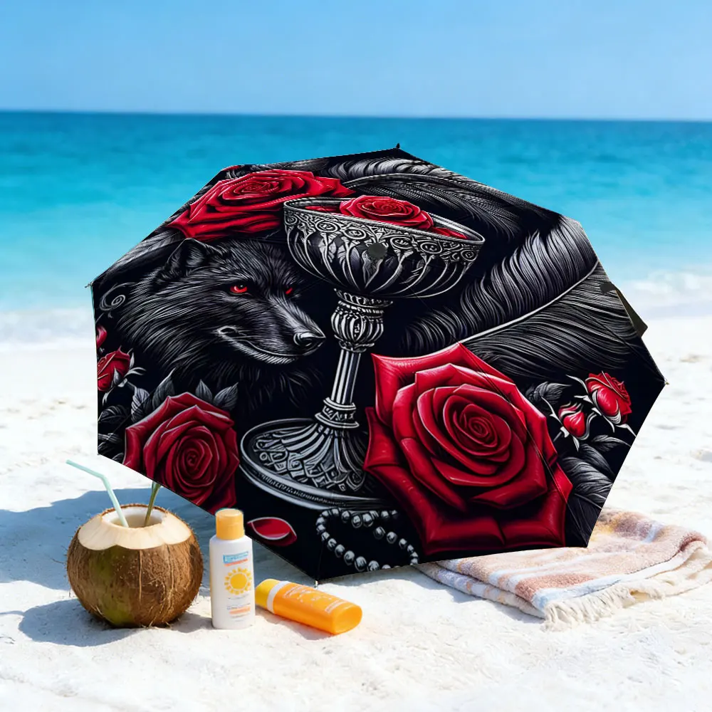 1PC Elegant Wolf and Rose Design Umbrella Print 8 Iron Ribs Folding Umbrella Auto-Open Fashion Sunshade
