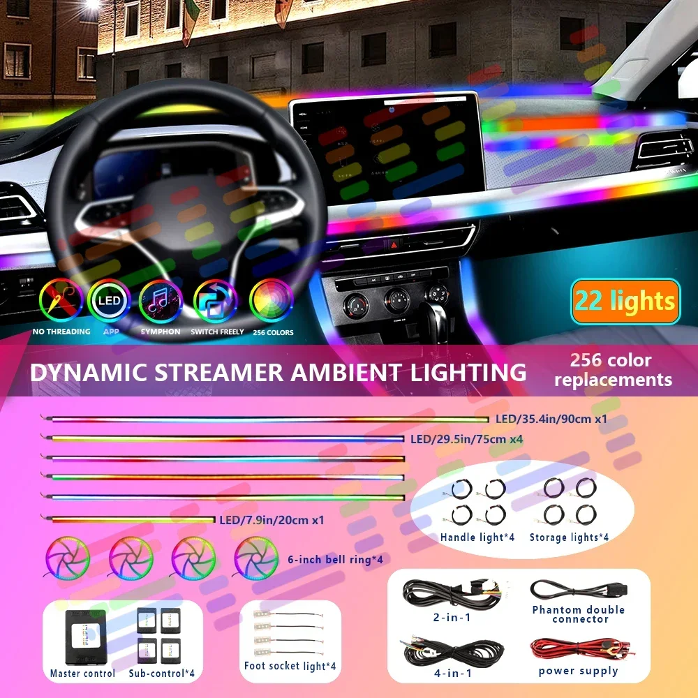 10000LM 22 In1 Full Universal Symphony Car LED Ambient Lights Decoration Atmosphere Lamp 64 RGB Colorful Streamer Rainbow App