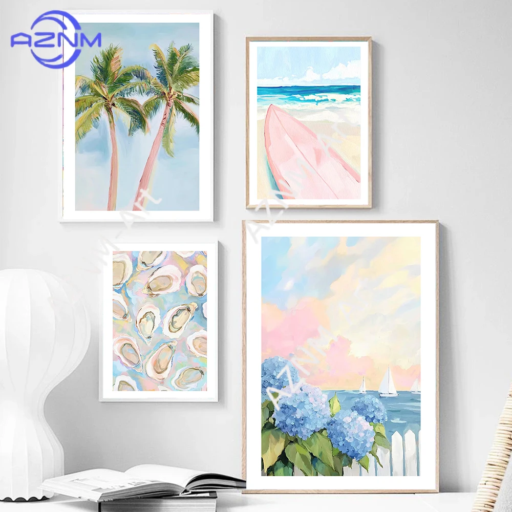 Pink and Blue Summer Seaside Villas Nantucket Hydrangea And Sailboat Landscape Art Poster Canvas Print Hotel Homestay Wall Decor