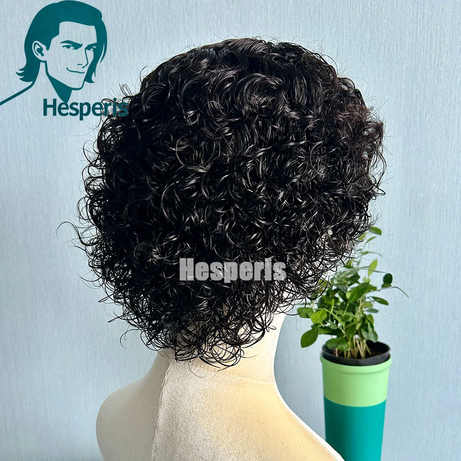 Parrucca corta riccia Hesperis per uomo Parrucca brasiliana nera naturale per capelli umani Remy 13x6 Parrucca corta anteriore in pizzo Pixie pre-stylicata per uomo