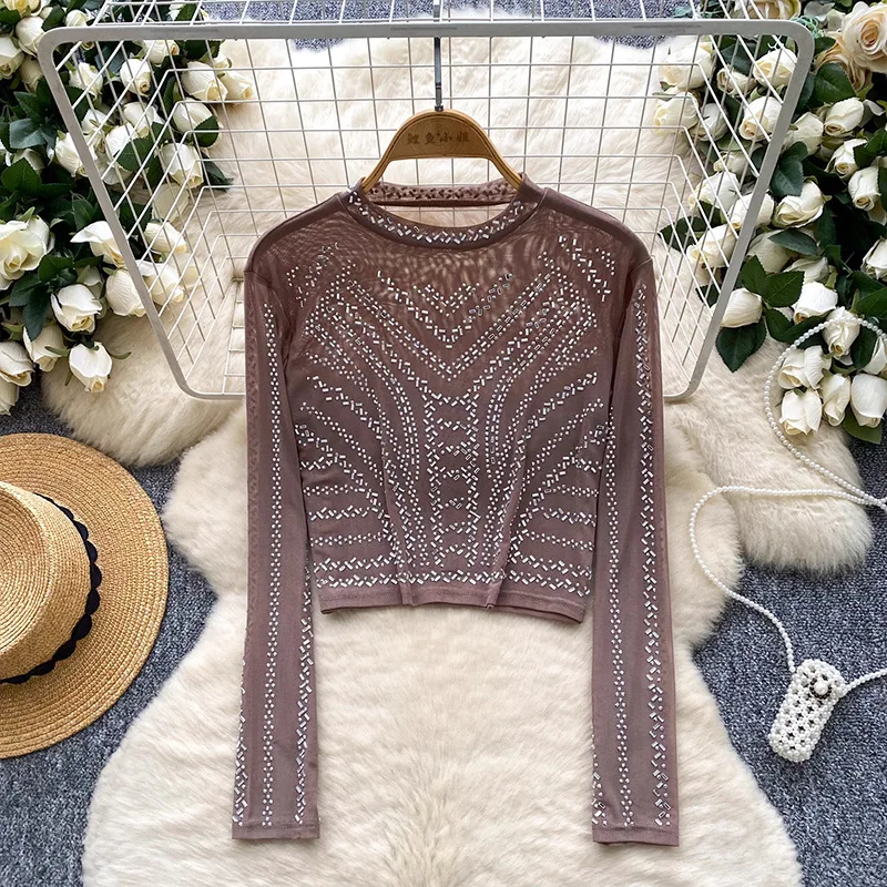 

Fashion Heavy Rhinestone Top For Women, Autumn 2025 New Design, Niche Slim Fit Long Sleeve Mesh T-Shirt