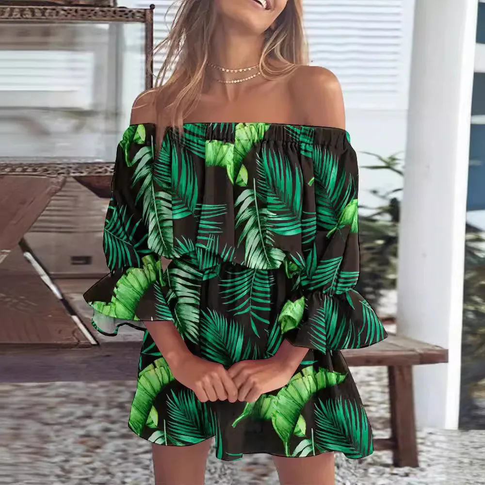

Summer Trendy Tropical Print Mini Dresses For Women Summer Vacation Style Sexy Off Shoulder Flare Sleeve Beach Party Dress Robe
