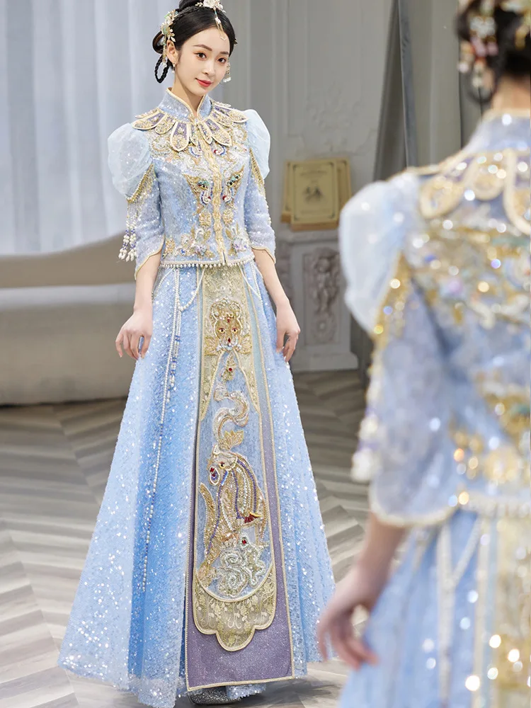 2022 New Bride Sparkly Blue Sequins Wedding Dress Chinese Style Vintage Mandarin Collar Cheongsam Toast Dress