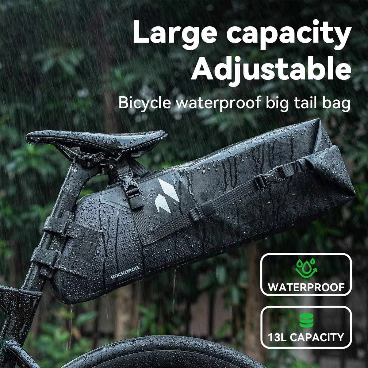 

Bike Saddle Bag Waterproof 13L Large Capacity Foldable Tail Rear Bag Reflective Cycling MTB Trunk Pannier Black